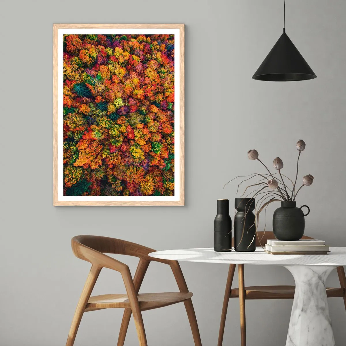 Poster in einem Rahmen aus heller Eiche - Blumenstrauß aus Herbstbäumen - 70x100 cm