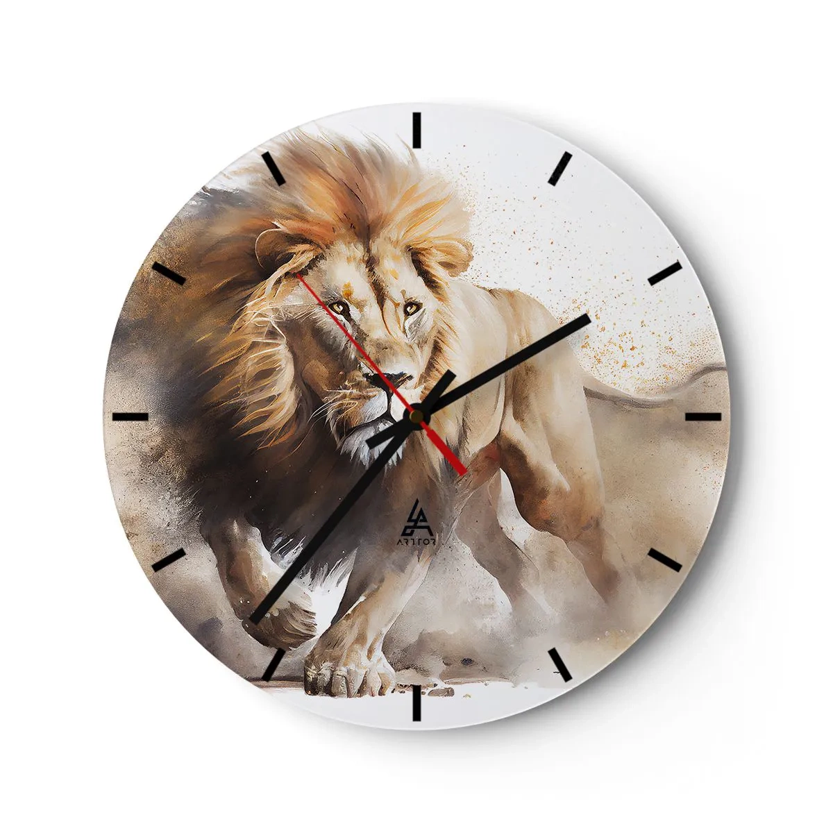 Wanduhr - Glasuhr - Dynamische Aufnahme eines Löwen in Bewegung vor einem weißen Hintergrund mit Staubeffekt. - 30x30cm - Der König zog um - Moderne Wanddekoration für Wohnzimmer, Küche und Schlafzimmer ARTTOR