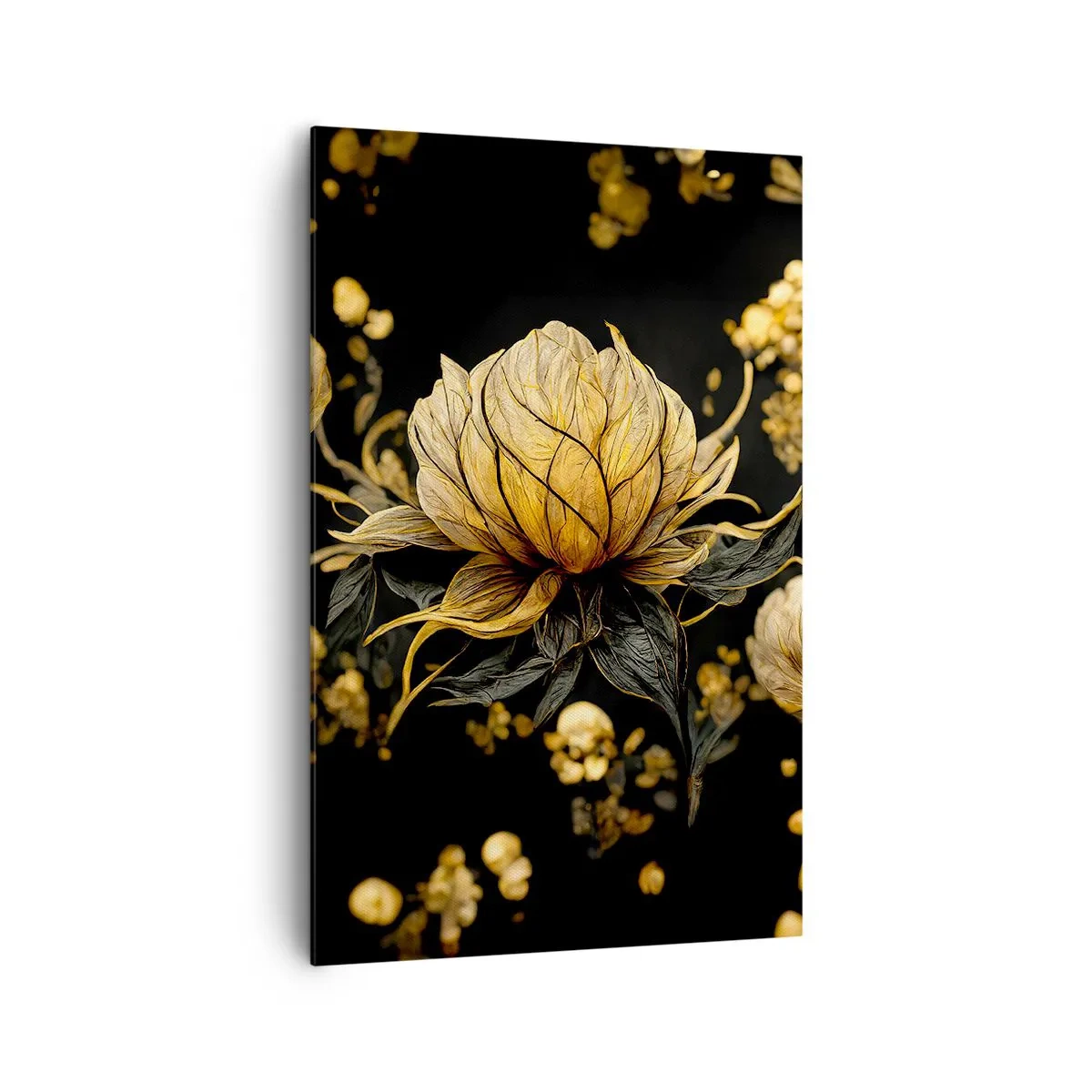 Bild auf Leinwand - Leinwandbild - Goldene Blume auf dunklem Hintergrund - 80x120cm - Subtile Zerbrechlichkeit - Moderne Wanddekoration für Wohnzimmer und Schlafzimmer ARTTOR