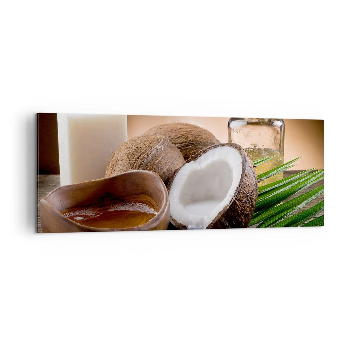 Bild auf Leinwand - Leinwandbild - Kokosnüsse, Kerze und Öl auf einem hölzernen Hintergrund - 140x50cm - Gesundheit von tropischen Inseln - Moderne Wanddekoration für Wohnzimmer und Schlafzimmer ARTTOR