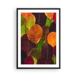 Poster in einem schwarzem Rahmen - Bunte Blätter in Grün-, Orange- und Rottönen, angeordnet in einem Mosaikmuster - 50x70cm - Herbstmosaik - Moderne Wanddekoration für Wohnzimmer und Schlafzimmer ARTTOR