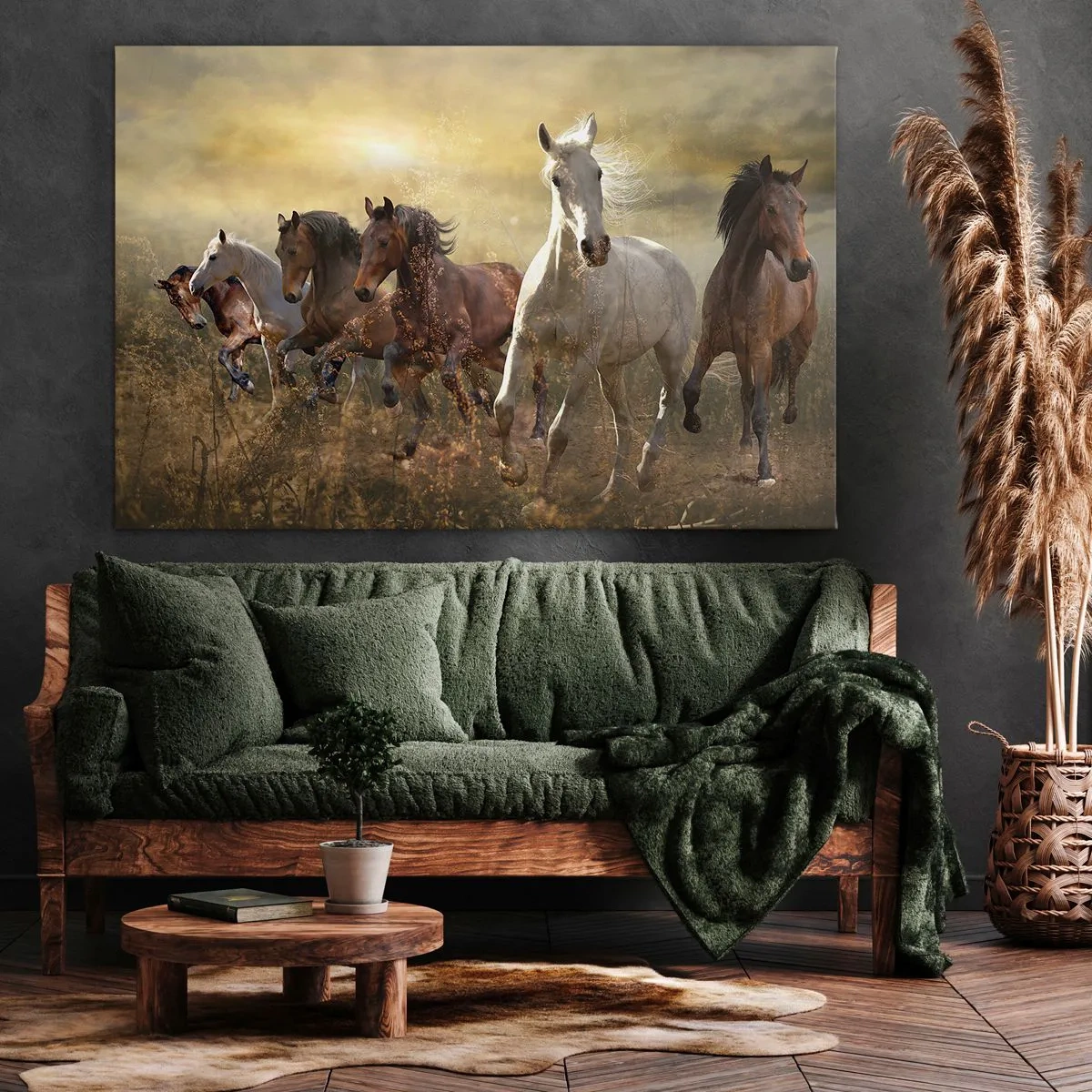 Bild auf Leinwand - Leinwandbild - Eine Gruppe galoppierender Pferde vor dem Hintergrund der untergehenden Sonne - 70x50cm - Lang lebe die Freiheit! - Moderne Wanddekoration für Wohnzimmer und Schlafzimmer ARTTOR