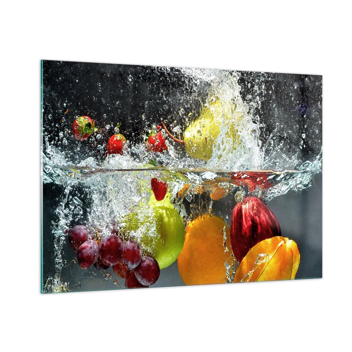Glasbild - Bild auf glas - In Wasser getauchte Früchte mit dynamischen Spritzern - 100x70cm - Fruchterfrischung - Moderne Wanddekoration für Wohnzimmer und Schlafzimmer ARTTOR