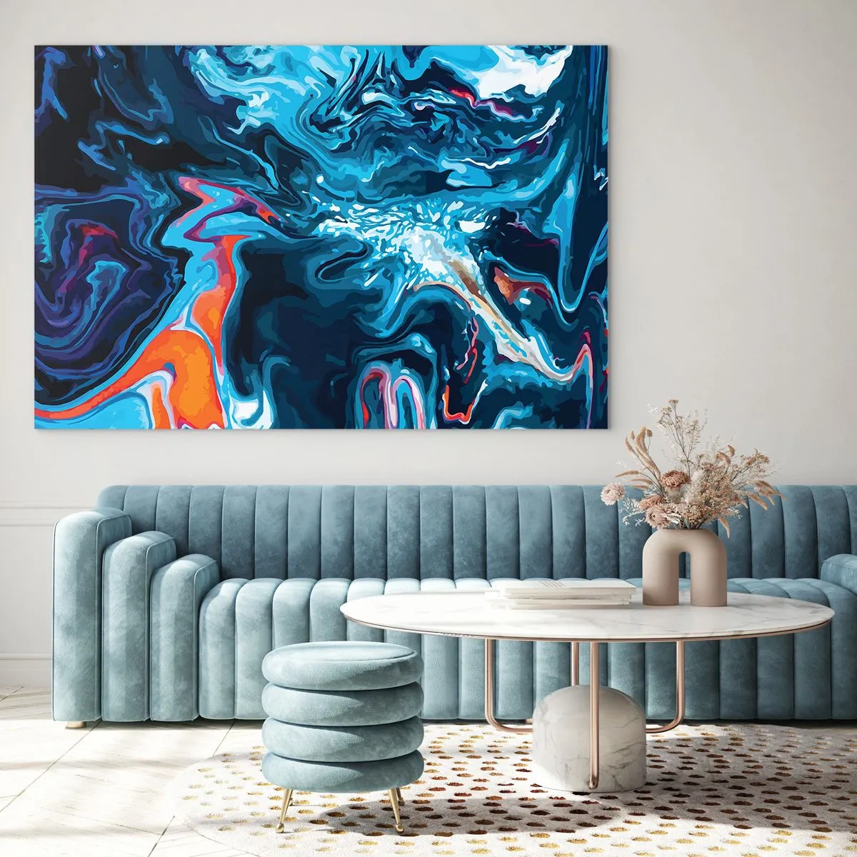 Glasbild - Bild auf glas - Ein abstraktes Muster in Blautönen mit Akzenten in Rot und Weiß. - 100x70cm - Reise ins Zentrum des Himmels - Moderne Wanddekoration für Wohnzimmer und Schlafzimmer ARTTOR