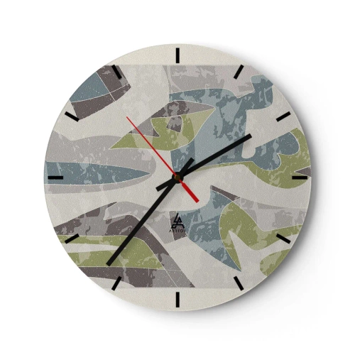 Wanduhr - Glasuhr - Geometrische Abstraktionen in Grün und Blau auf hellem Hintergrund - 30x30cm - Komposition hinter dem Glas - Moderne Wanddekoration für Wohnzimmer, Küche und Schlafzimmer ARTTOR