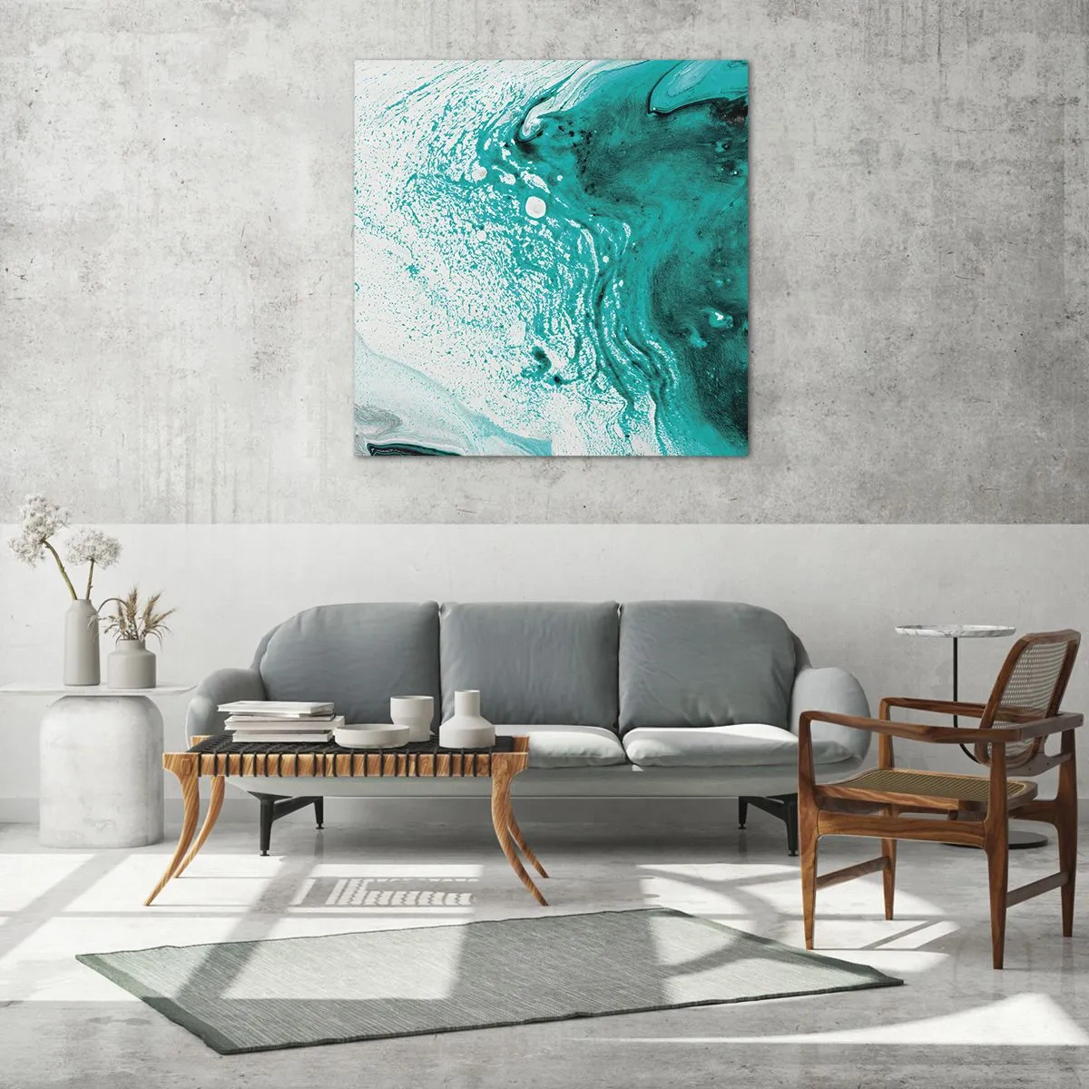 Glasbild - Bild auf glas - Verschmelzen in Weiß und Türkis - 70x70 cm