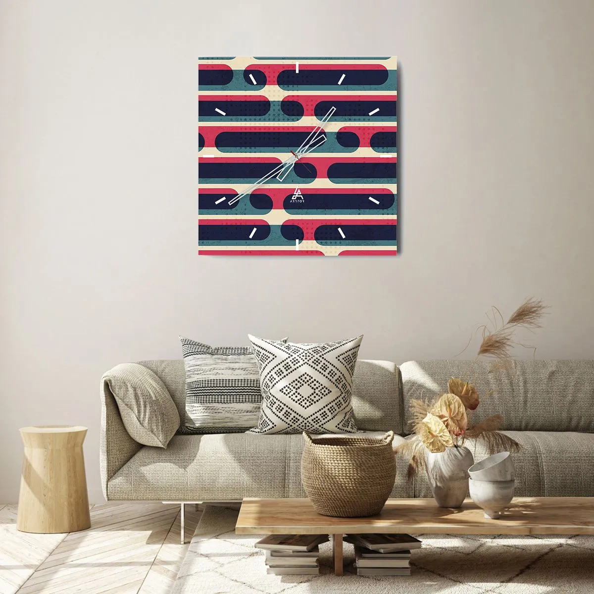 Wanduhr - Glasuhr - Geometrisches Retro-Muster mit Pastellfarben - 30x30cm - In die Tiefe und vorwärts - Moderne Wanddekoration für Wohnzimmer und Schlafzimmer ARTTOR