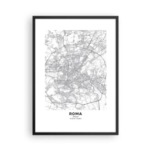 Poster in einem schwarzem Rahmen - Schwarz-weiße Karte von Rom mit detaillierten Straßen und Denkmälern - 50x70cm - Römischer Kreis - Moderne Wanddekoration für Wohnzimmer und Schlafzimmer ARTTOR