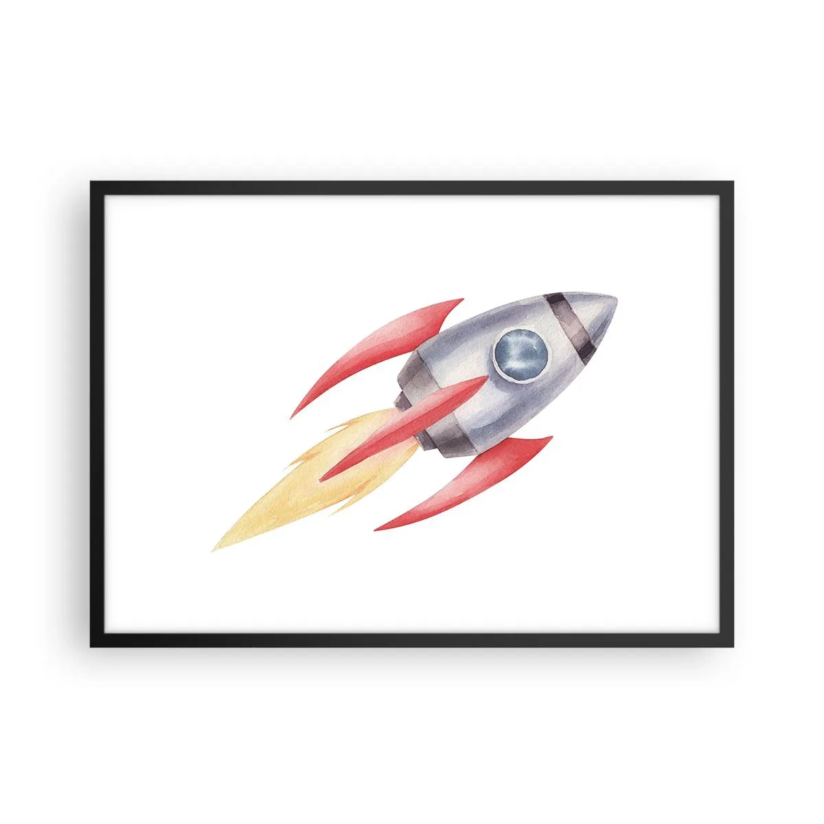 Poster in einem schwarzem Rahmen - Rakete im Aquarellstil auf weißem Hintergrund - 70x50cm - Höher, schneller, weiter - Moderne Wanddekoration für Wohnzimmer und Schlafzimmer ARTTOR