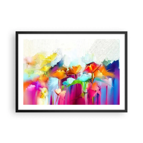 Poster in einem schwarzem Rahmen - Abstrakte bunte Blumen auf hellem Hintergrund - 70x50cm - Der Regenbogen ist aufgeblüht - Moderne Wanddekoration für Wohnzimmer und Schlafzimmer ARTTOR