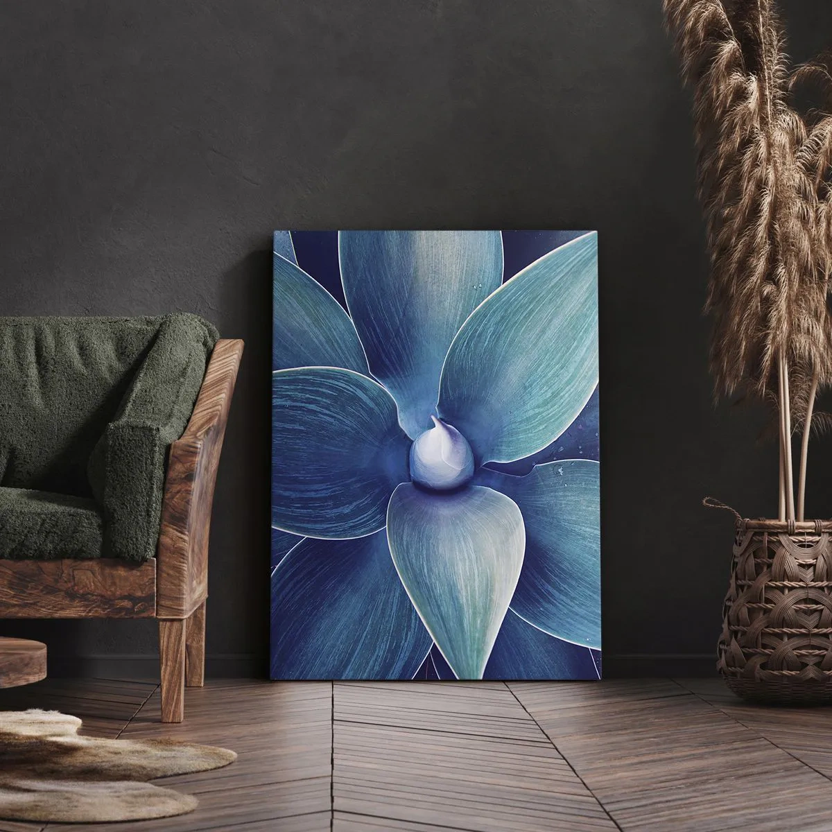 Bild auf Leinwand - Leinwandbild - Nahaufnahme einer abstrakten Blume in Blautönen - 50x70cm - Bläulich vom Himmel - Moderne Wanddekoration für Wohnzimmer und Schlafzimmer ARTTOR