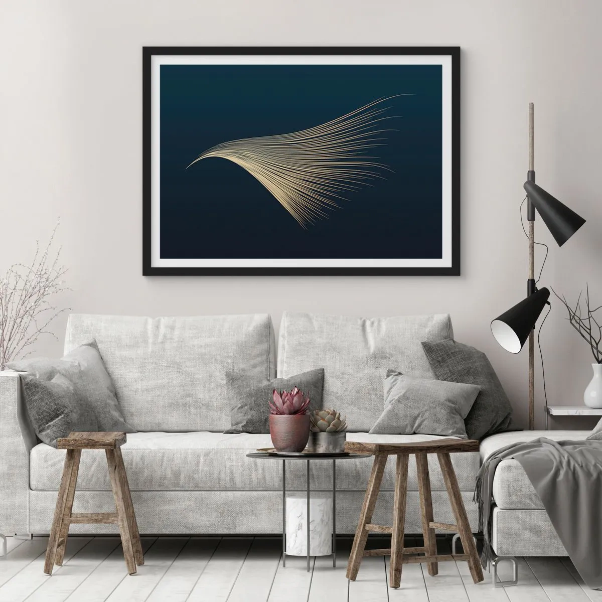 Poster in einem schwarzem Rahmen - Eine zarte federähnliche Linie auf marineblauem Hintergrund - 100x70cm - Wie das Haar eines Engels - Moderne Wanddekoration für Wohnzimmer und Schlafzimmer ARTTOR