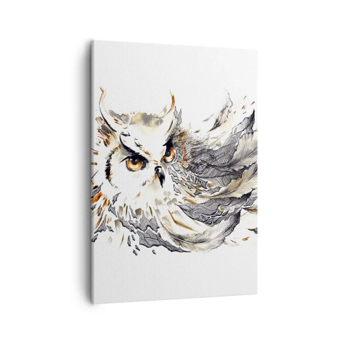 Bild auf Leinwand - Leinwandbild - Eine Eule mit mystischen Federn in einer künstlerischen Aquarellform - 50x70cm - Sie kam aus der Welt der Magie - Moderne Wanddekoration für Wohnzimmer und Schlafzimmer ARTTOR