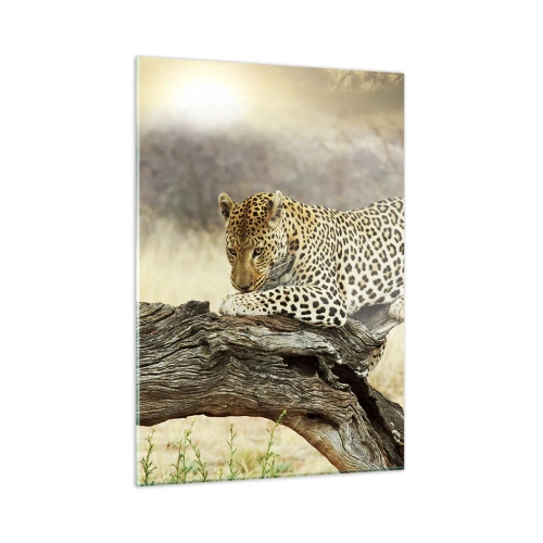 Glasbild - Bild auf glas - Ein Leopard ruht auf einem Holzast - 50x70cm - Ich gehe meine eigenen Wege - Moderne Wanddekoration für Wohnzimmer und Schlafzimmer ARTTOR