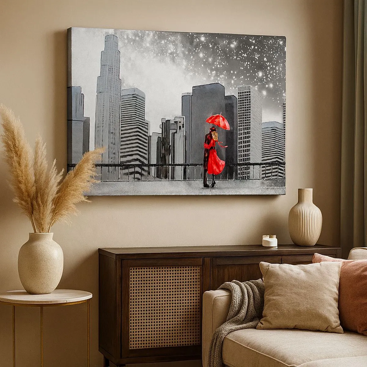 Bild auf Leinwand - Leinwandbild - Ein Paar in Rot mit einem Regenschirm vor dem Hintergrund einer Stadtlandschaft - 70x50cm - Der Mensch ist kein Stein - Moderne Wanddekoration für Wohnzimmer und Schlafzimmer ARTTOR