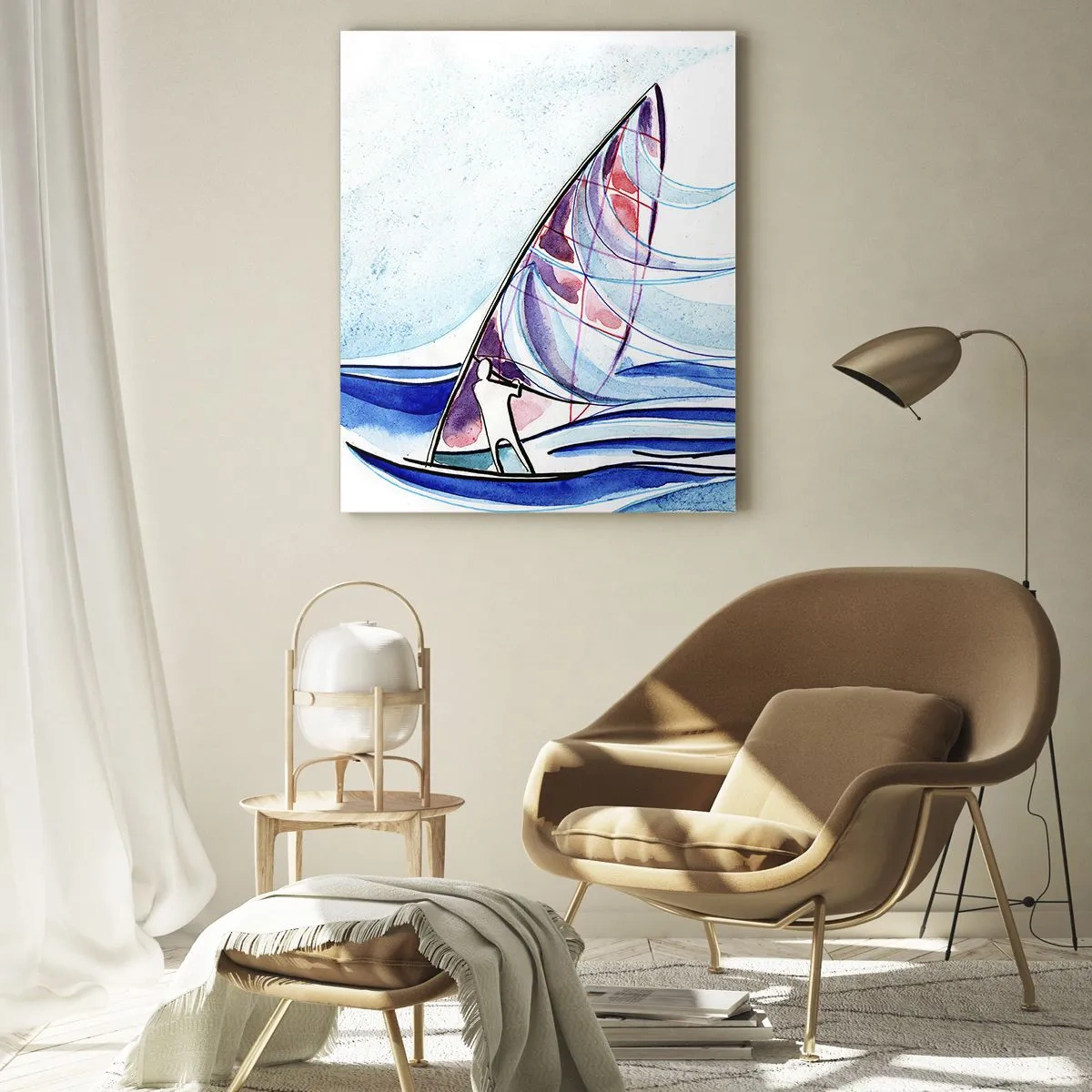 Glasbild - Bild auf glas - Ein Segelboot auf den Wellen im Aquarellstil - 50x70cm - Mit dem Wind im Rhythmus der Wellen - Moderne Wanddekoration für Wohnzimmer und Schlafzimmer ARTTOR