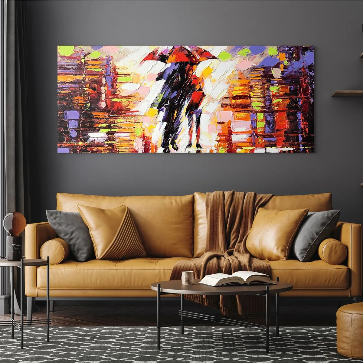 Glasbild - Bild auf glas - Eine abstrakte Szene eines Spaziergangs unter einem Regenschirm in einer regnerischen Nacht. - 120x50cm - Gemeinsam durch die Nacht und den Regen - Moderne Wanddekoration für Wohnzimmer und Schlafzimmer ARTTOR