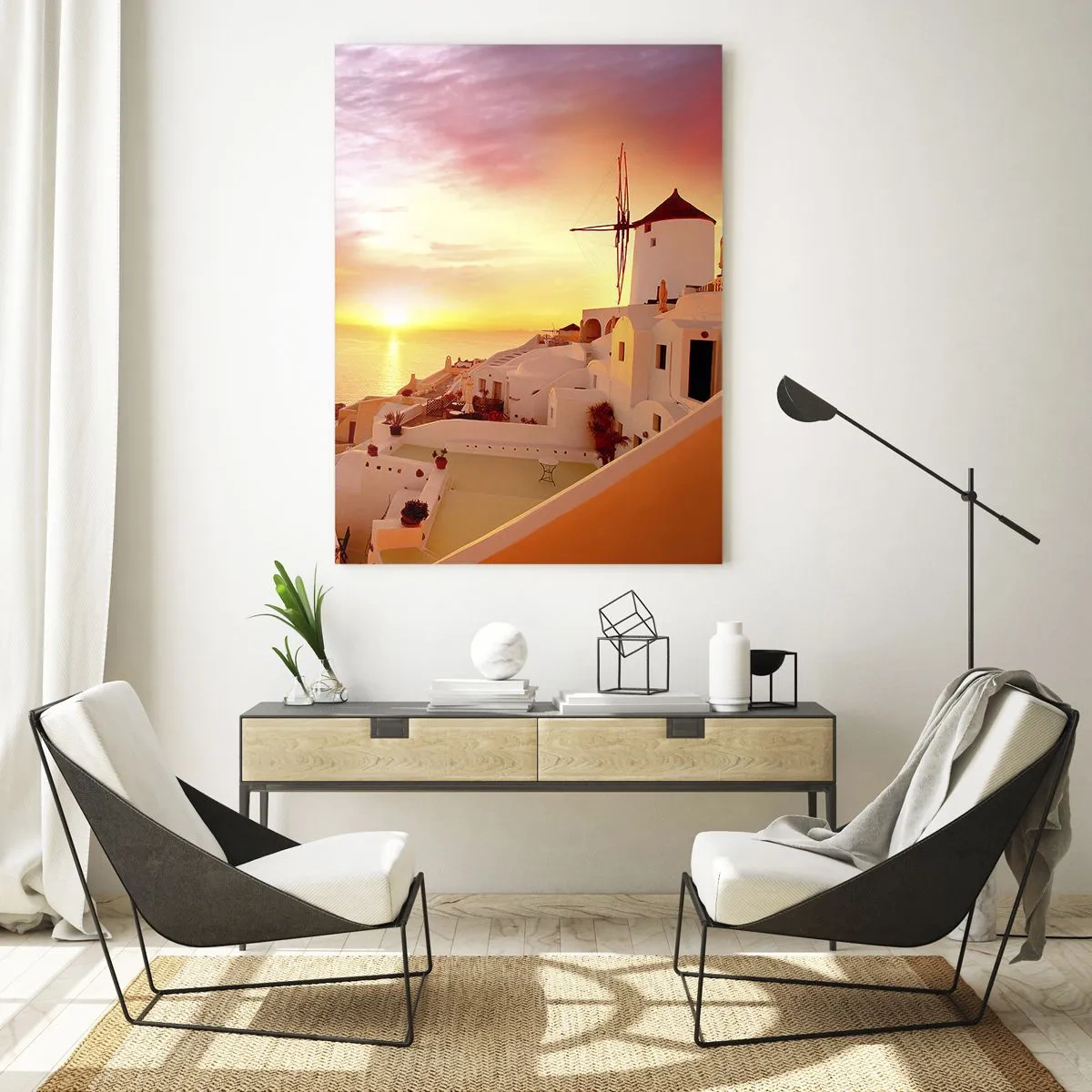Glasbild - Bild auf glas - Santorini bei Sonnenuntergang mit einer Windmühle - 80x120cm - In Weiß und Gold schmelzen - Moderne Wanddekoration für Wohnzimmer und Schlafzimmer ARTTOR