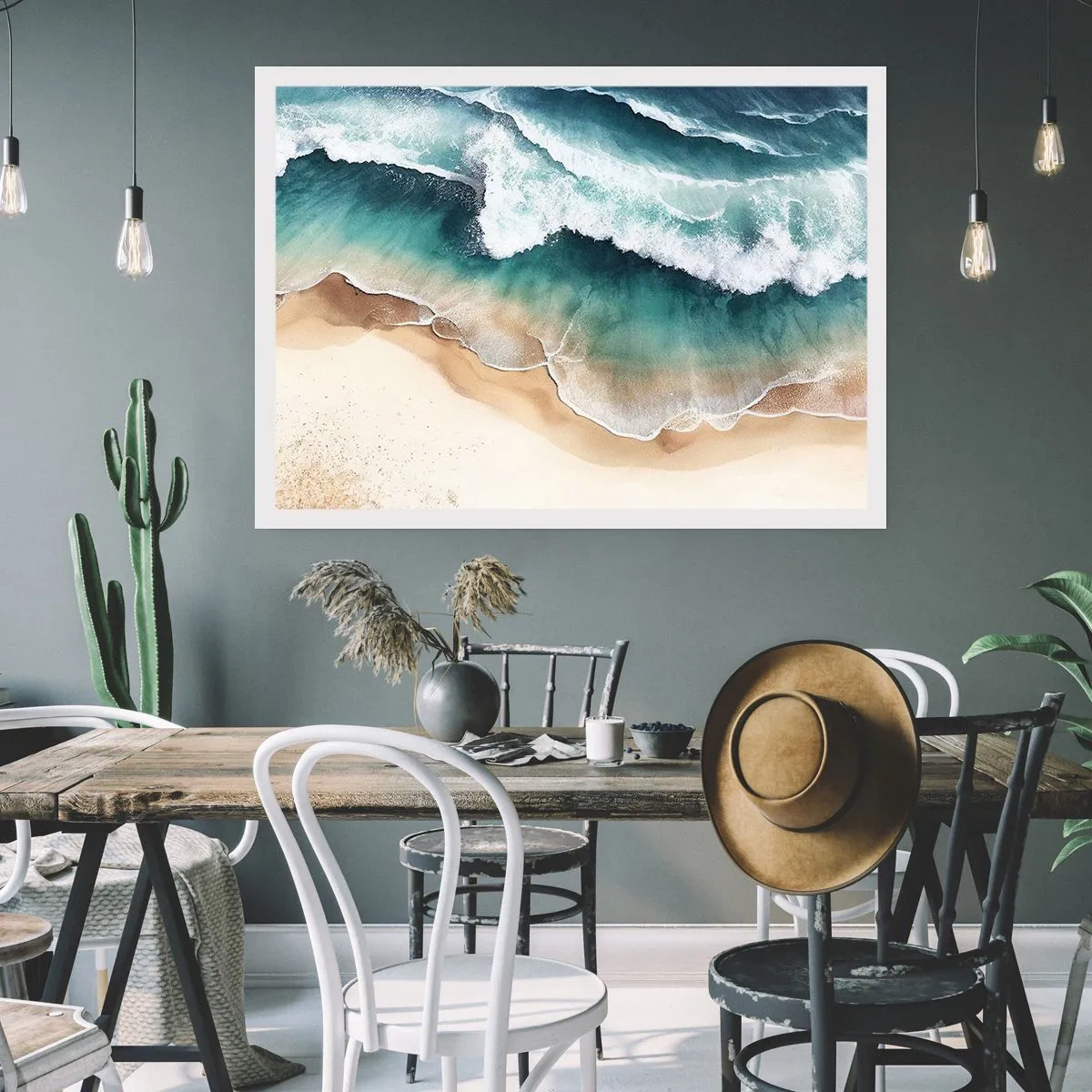 Poster - Blick auf den Strand und die Meereswellen in Türkistönen - 100x70cm - Das ewige Treffen - Moderne Wanddekoration für Wohnzimmer und Schlafzimmer ARTTOR