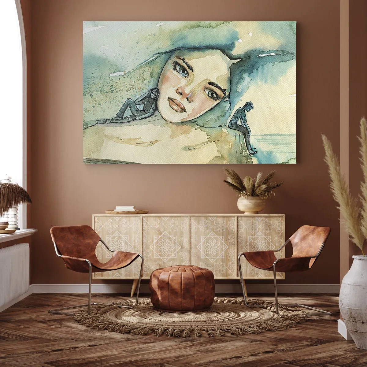 Bild auf Leinwand - Leinwandbild - Aquarell eines Frauengesichts mit reflektierendem Motiv - 70x50cm - Bin ich blau? - Moderne Wanddekoration für Wohnzimmer und Schlafzimmer ARTTOR