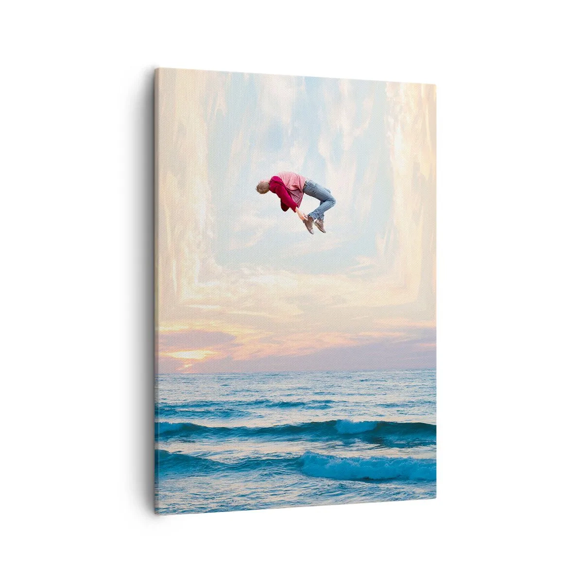 Bild auf Leinwand - Leinwandbild - Surrealer Sprung über das Meer im Rahmen - 50x70cm - In eine andere Dimension - Moderne Wanddekoration für Wohnzimmer und Schlafzimmer ARTTOR