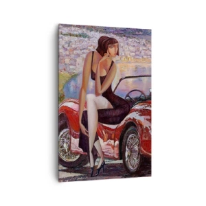 Bild auf Leinwand - Leinwandbild - Eine Frau neben einem roten Auto mit einer Stadt im Hintergrund - 80x120cm - Sommer? Nur an der Riviera - Moderne Wanddekoration für Wohnzimmer und Schlafzimmer ARTTOR