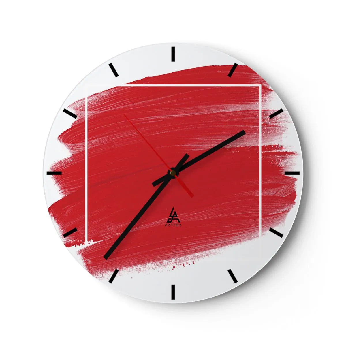 Wanduhr - Glasuhr - Roter Pinselstrich überquert einen weißen Rand - 30x30cm - Aus dem Rahmen - Moderne Wanddekoration für Wohnzimmer, Küche und Schlafzimmer ARTTOR