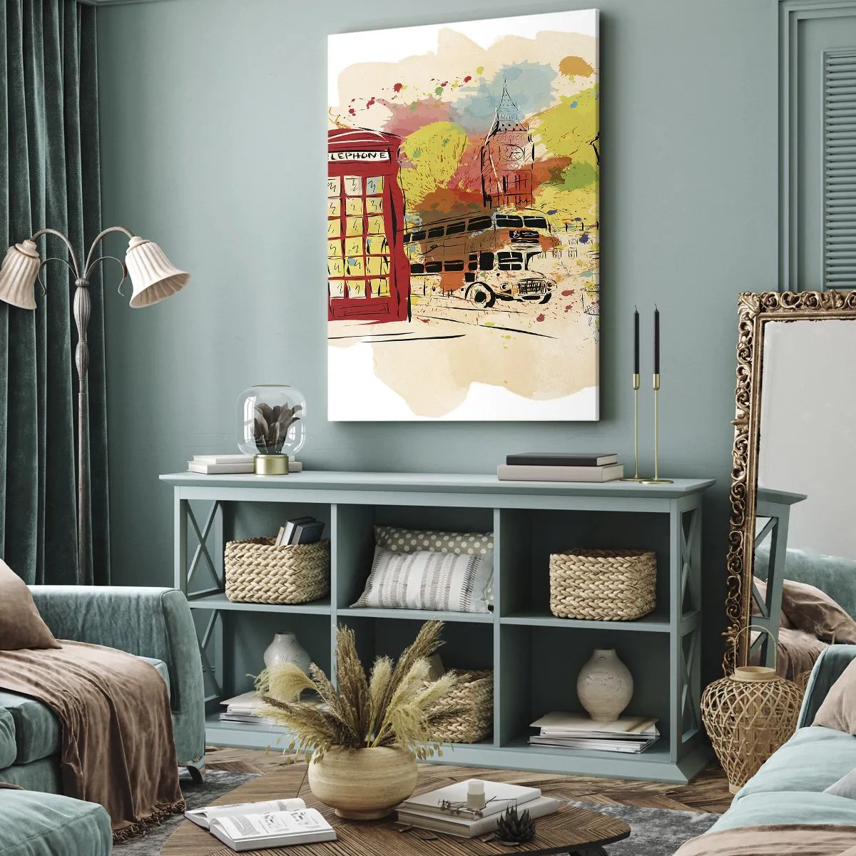 Bild auf Leinwand - Leinwandbild - London-Thema mit rotem Bus und Stand - 50x70cm - Die Stadt der Vielfalt - Moderne Wanddekoration für Wohnzimmer und Schlafzimmer ARTTOR