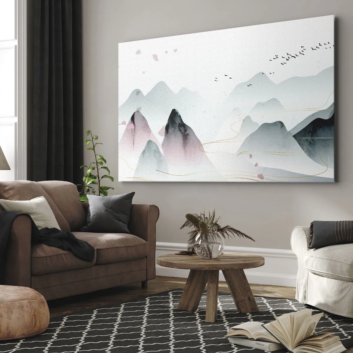 Bild auf Leinwand - Leinwandbild - Abstrakte Berge in Pastelltönen - 120x80cm - Über die Gipfel - Moderne Wanddekoration für Wohnzimmer und Schlafzimmer ARTTOR