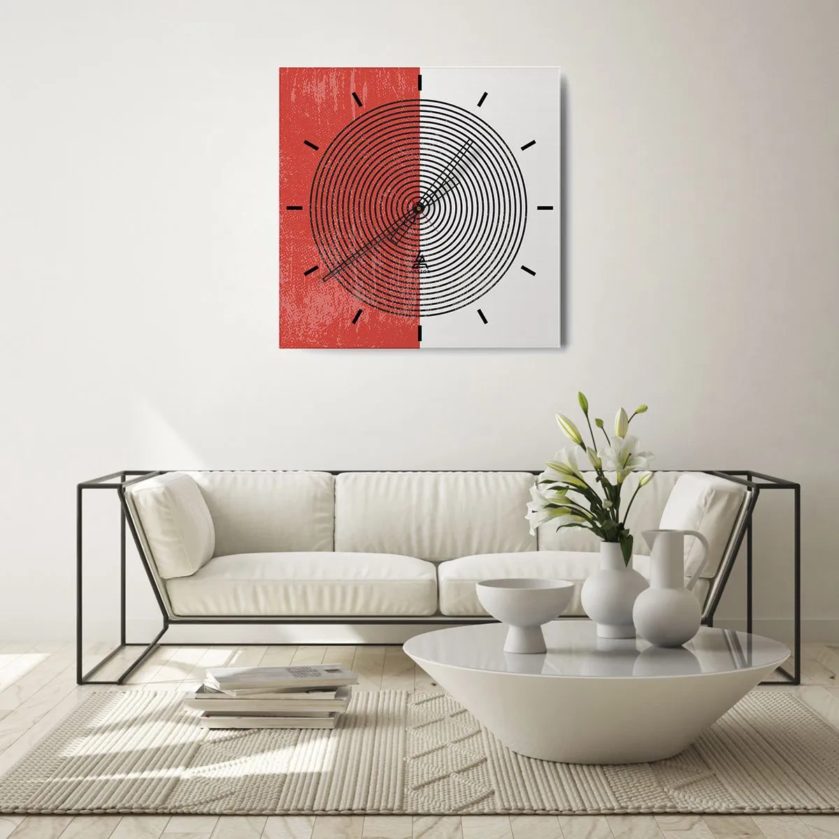 Wanduhr - Glasuhr - Geometrisches Muster mit konzentrischen Kreisen auf rot-weißem Hintergrund - 30x30cm - Auf den Punkt gebracht - Moderne Wanddekoration für Wohnzimmer und Schlafzimmer ARTTOR