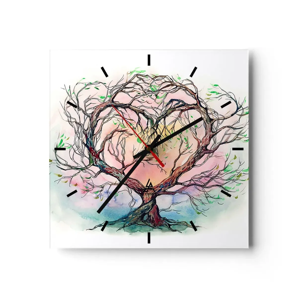Wanduhr - Glasuhr - Ein herzförmiger Baum vor einem Hintergrund aus zarten Pastellfarben - 30x30cm - Gemeinsam gegen die Stürme - Moderne Wanddekoration für Wohnzimmer und Schlafzimmer ARTTOR