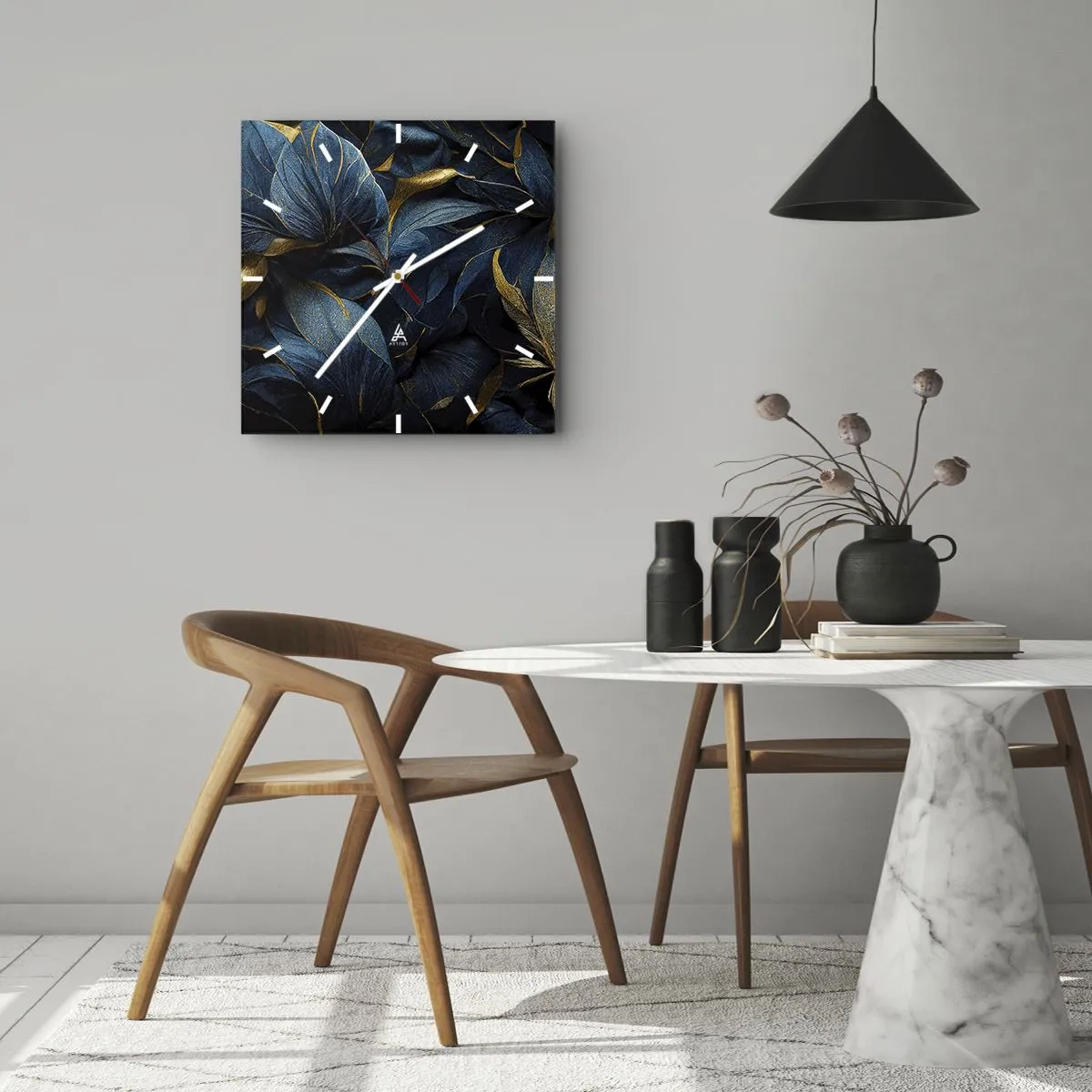 Wanduhr - Glasuhr - Elegante Blätter in Gold- und Marineblautönen - 30x30cm - Mit Gold gefüttert - Moderne Wanddekoration für Wohnzimmer und Schlafzimmer ARTTOR