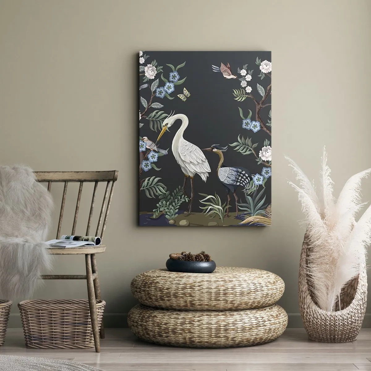 Bild auf Leinwand - Leinwandbild - Gemalte Vögel und Pflanzen auf dunklem Hintergrund mit elegantem Muster - 70x100cm - Vogelparade - Moderne Wanddekoration für Wohnzimmer und Schlafzimmer ARTTOR