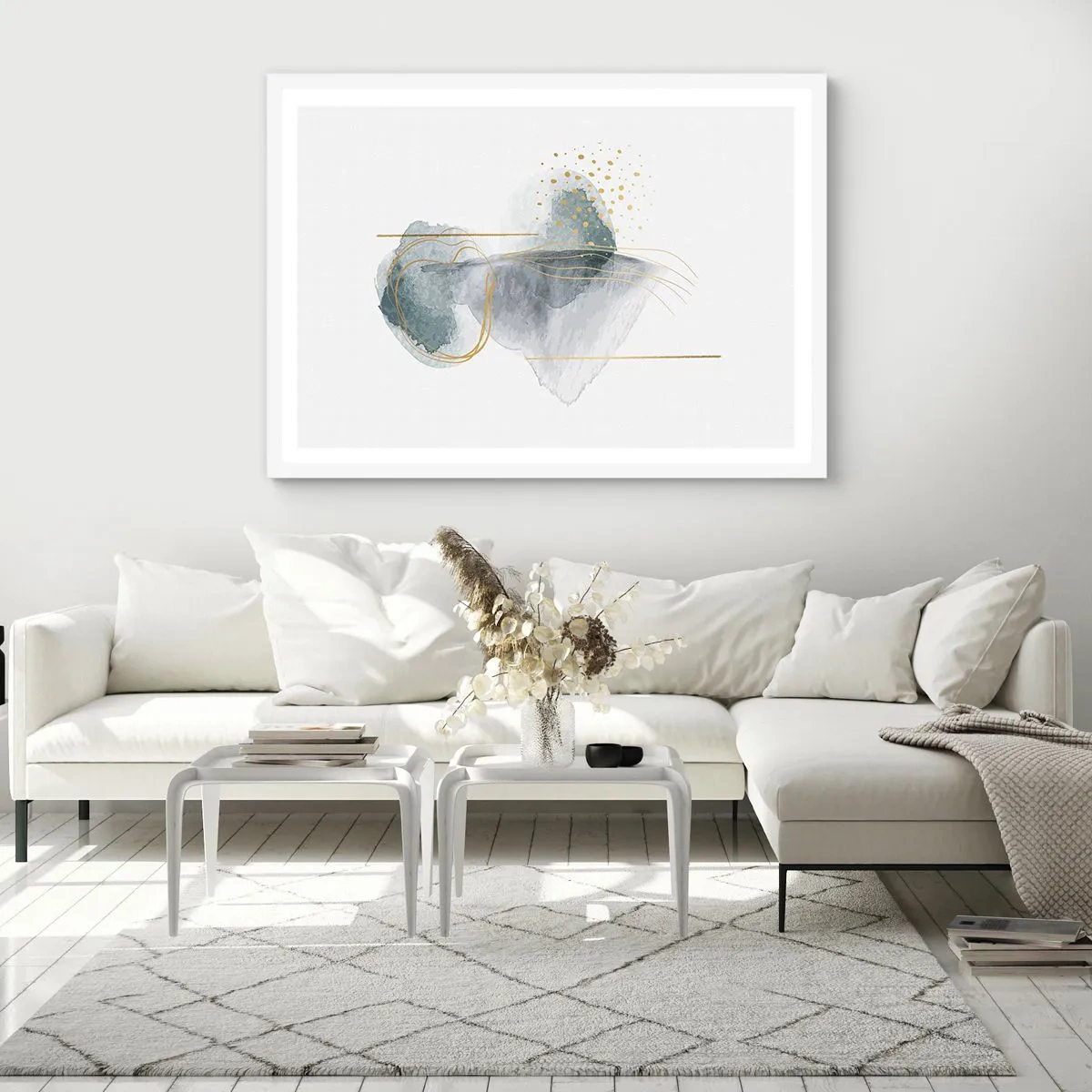 Poster in einem weißen Rahmen - Über das Verhältnis von Grau und Gold - 100x70 cm