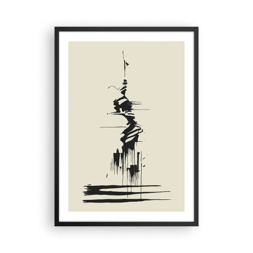 Poster in einem schwarzem Rahmen - Eine abstrakte Zeichnung einer Figur vor einem wellenförmigen Linienhintergrund. - 50x70cm - Hastige Abstraktion - Moderne Wanddekoration für Wohnzimmer und Schlafzimmer ARTTOR