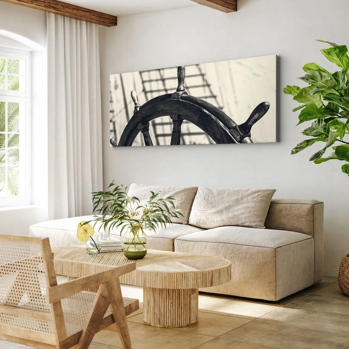 Bild auf Leinwand - Leinwandbild - Ein Segelruder im Retro-Stil mit einem Schiff im Hintergrund - 140x50cm - Meeresgeschichten - Moderne Wanddekoration für Wohnzimmer und Schlafzimmer ARTTOR