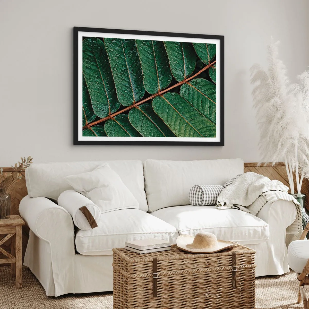 Poster in einem schwarzem Rahmen - Makroaufnahme von grünen Blättern mit Tautropfen - 70x50cm - Im grünen Rhythmus - Moderne Wanddekoration für Wohnzimmer und Schlafzimmer ARTTOR