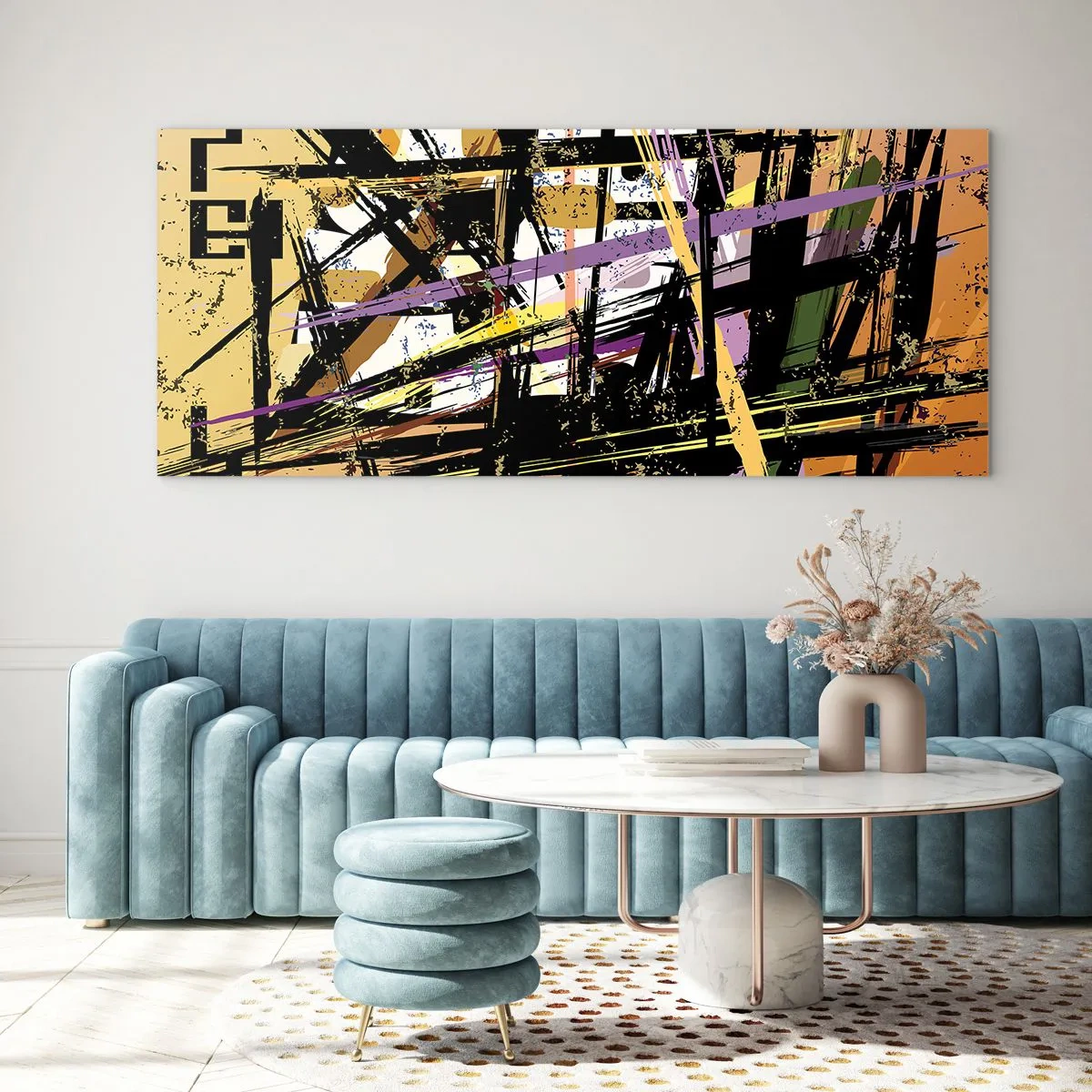 Glasbild - Bild auf glas - Abstrakte Linien und Formen auf beigem Hintergrund - 140x50cm - Ein scharfer Schnitt - Moderne Wanddekoration für Wohnzimmer und Schlafzimmer ARTTOR
