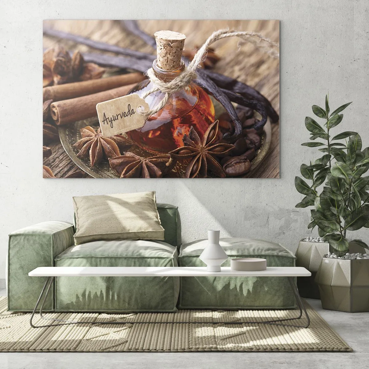 Glasbild - Bild auf glas - Öl- und Gewürzflasche im ayurvedischen Stil - 70x50cm - Zur Einheit von Körper und Geist - Moderne Wanddekoration für Wohnzimmer und Schlafzimmer ARTTOR