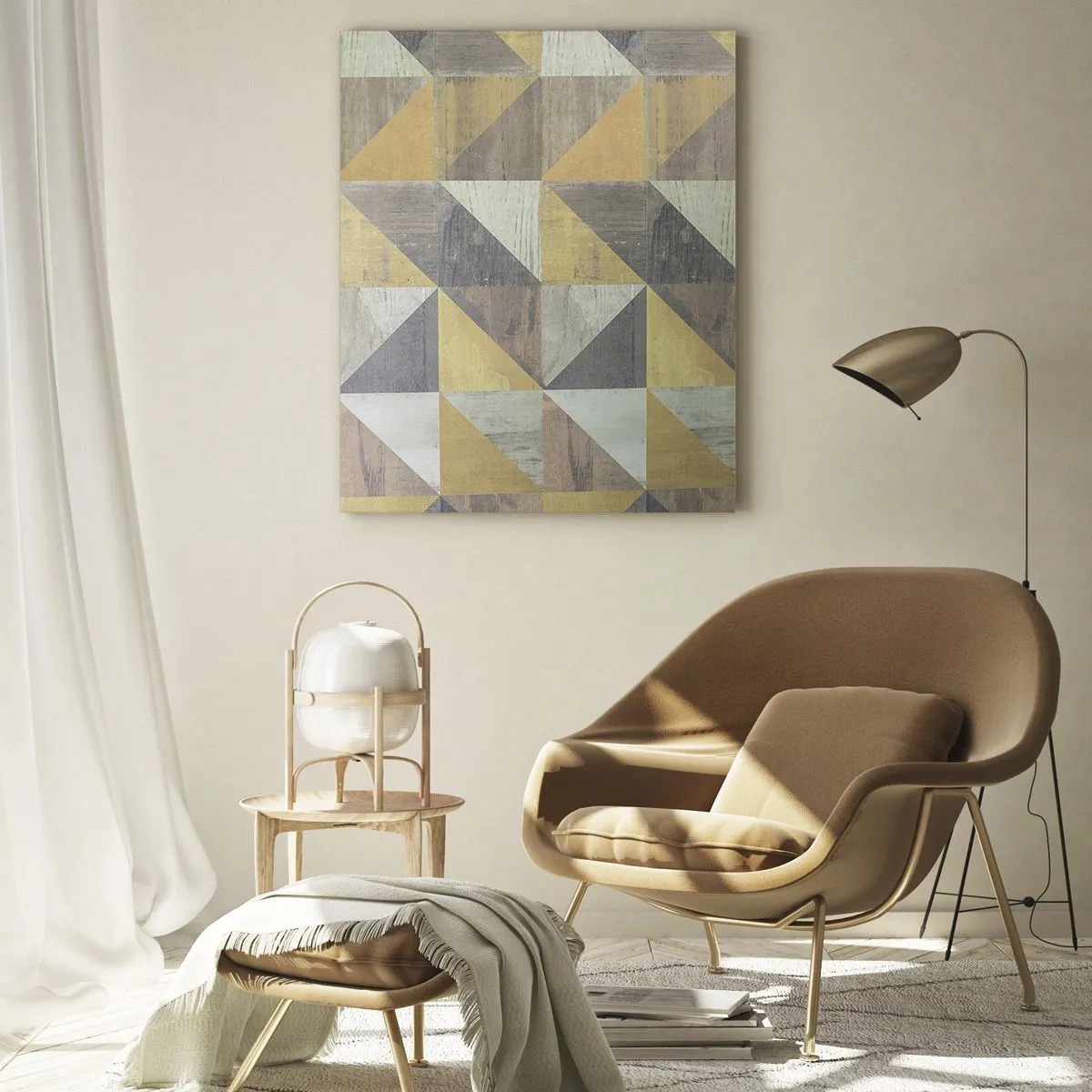 Glasbild - Bild auf glas - Geometrische Komposition aus Dreiecken in erdigen Farbtönen - 70x100cm - Am Winkel des Dreiecks - Moderne Wanddekoration für Wohnzimmer und Schlafzimmer ARTTOR