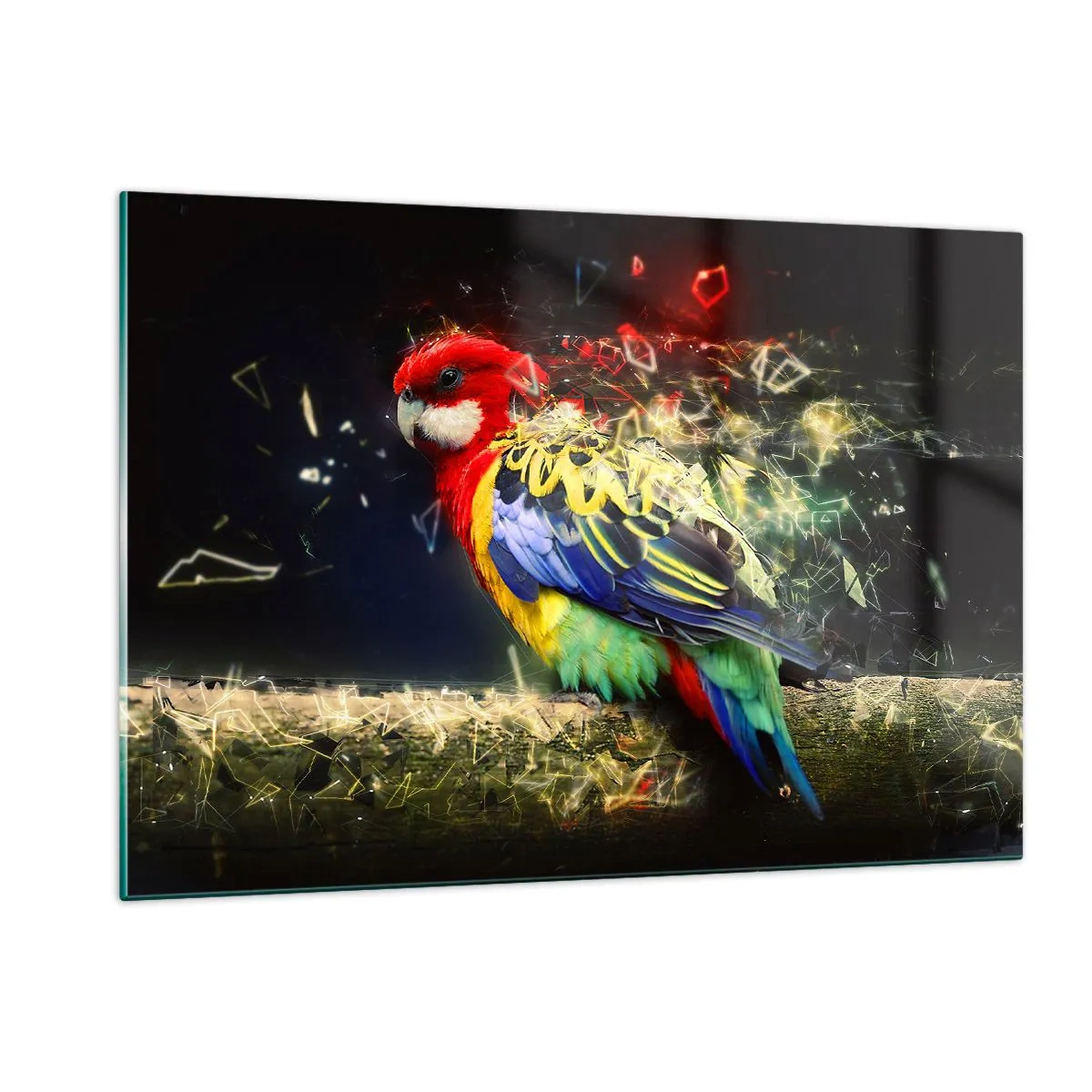 Glasbild - Bild auf glas - Ein bunter Papagei in einer künstlerischen Komposition mit Shatter-Effekt - 120x80cm - Botschafter des Strahlens - Moderne Wanddekoration für Wohnzimmer und Schlafzimmer ARTTOR