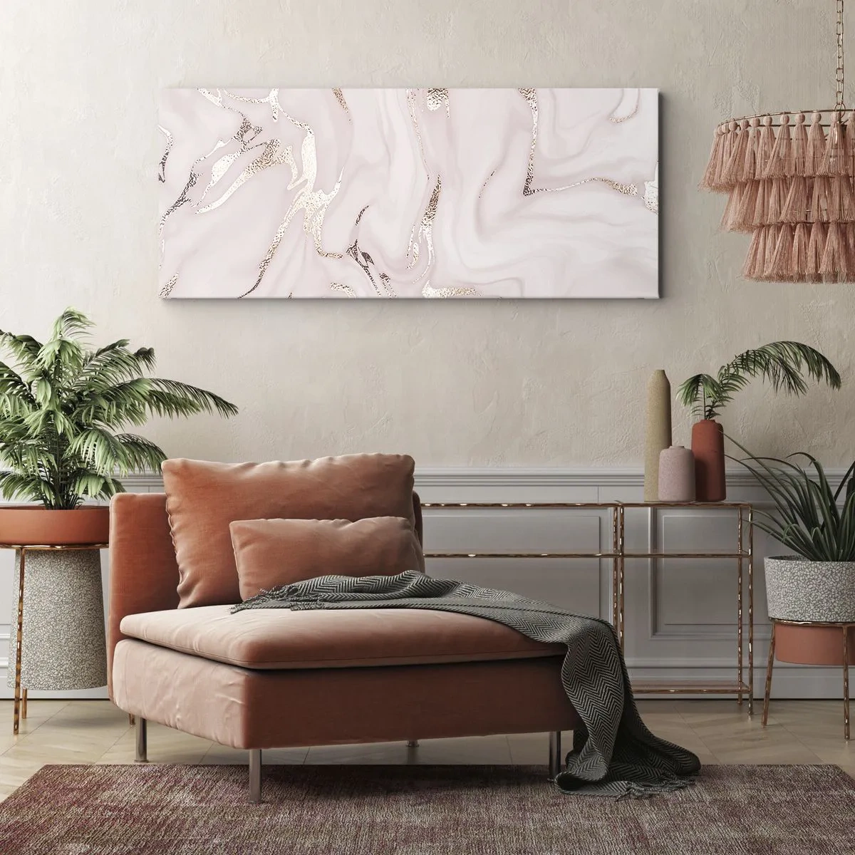 Bild auf Leinwand - Leinwandbild - Elegante Abstraktion in Rosa- und Goldtönen - 120x50cm - In einem rosa Schal - Moderne Wanddekoration für Wohnzimmer und Schlafzimmer ARTTOR
