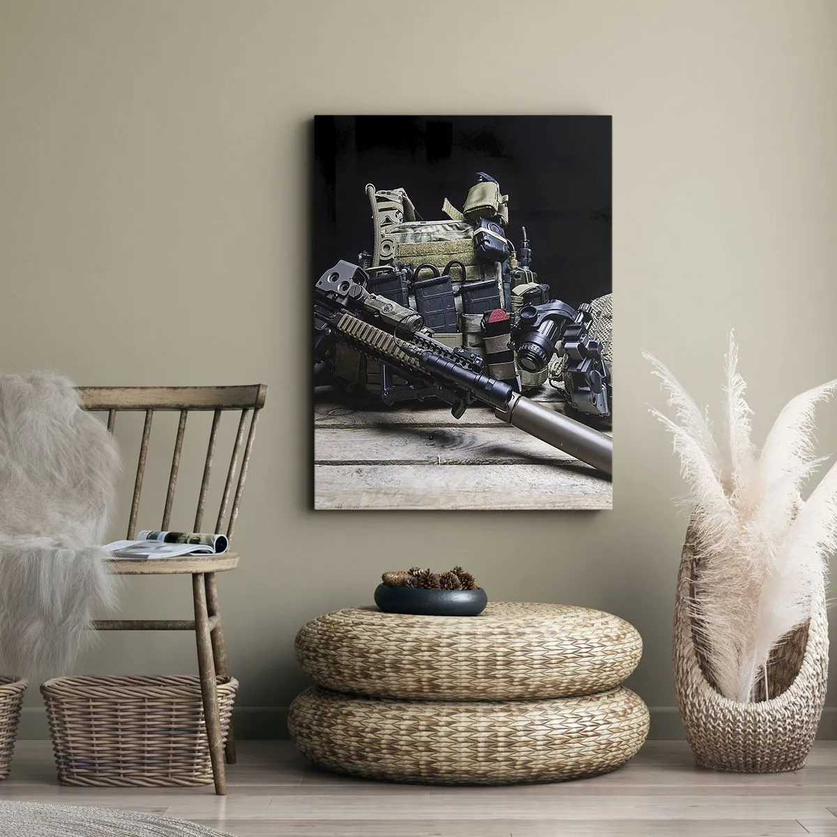 Bild auf Leinwand - Leinwandbild - Taktische Ausrüstung mit einem Gewehr auf einem Holztisch - 70x100cm - Sich ausruhen! - Moderne Wanddekoration für Wohnzimmer und Schlafzimmer ARTTOR