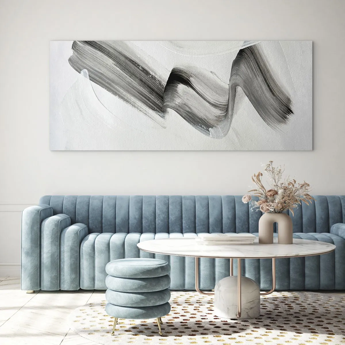 Glasbild - Bild auf glas - Abstrakter schwarz-weißer Pinselstrich auf hellem Hintergrund - 160x50cm - Lässig zum Spaß - Moderne Wanddekoration für Wohnzimmer und Schlafzimmer ARTTOR