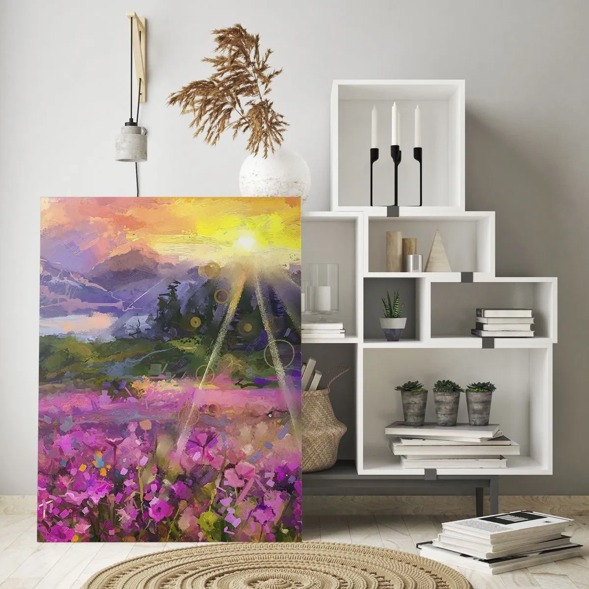 Glasbild - Bild auf glas - Eine malerische Wiese in den Strahlen der untergehenden Sonne - 70x100cm - Im Tal unter dem Schutz der Sonne - Moderne Wanddekoration für Wohnzimmer und Schlafzimmer ARTTOR