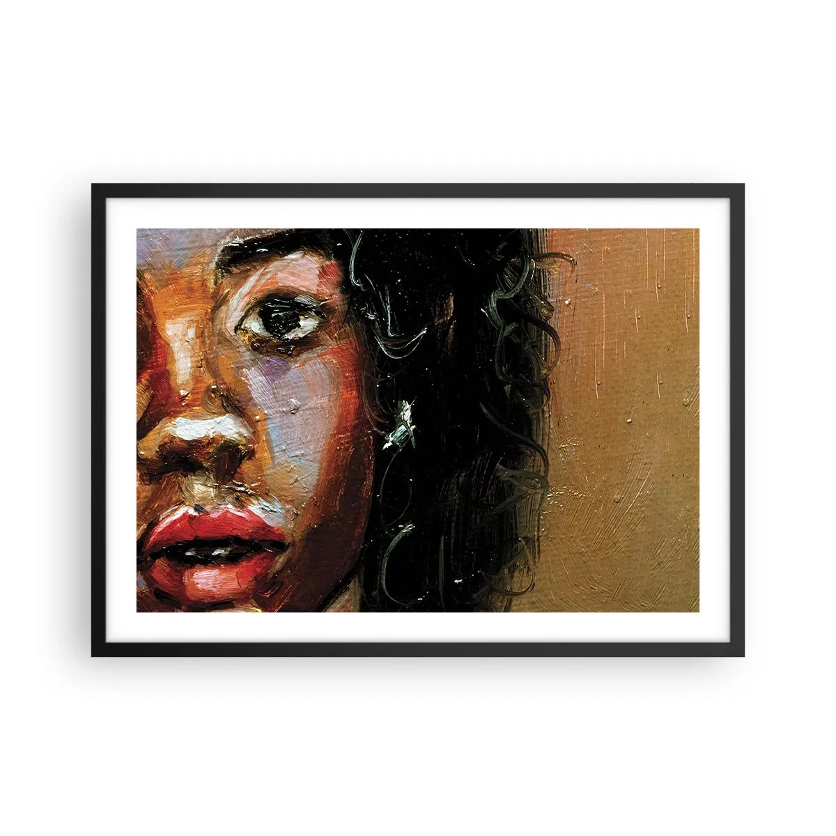 Poster in einem schwarzem Rahmen - Ein ausdrucksstarkes Frauenporträt in intensiven Farben. - 70x50cm - Schwarz und Glanz - Moderne Wanddekoration für Wohnzimmer und Schlafzimmer ARTTOR