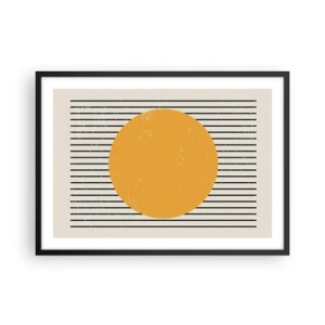 Poster in einem schwarzem Rahmen - Ein gelber Kreis auf einem Hintergrund aus schwarzen und weißen horizontalen Linien - 70x50cm - Die Kraft der Einfachheit - Moderne Wanddekoration für Wohnzimmer und Schlafzimmer ARTTOR