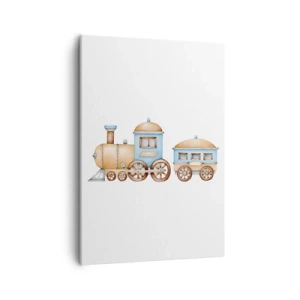 Bild auf Leinwand - Leinwandbild - Zeichnung eines Zuges in Pastelltönen auf weißem Hintergrund - 50x70cm - Am Bahnhof steht ... - Moderne Wanddekoration für Wohnzimmer und Schlafzimmer ARTTOR