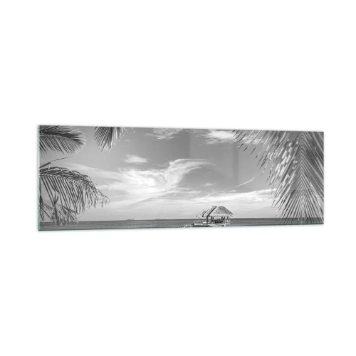 Glasbild - Bild auf glas - Schwarz-weißer Strand mit Pier und Palmen an einer tropischen Küste - 160x50cm - Erinnerung oder Traum? - Moderne Wanddekoration für Wohnzimmer und Schlafzimmer ARTTOR