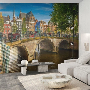 Selbstklebende Fototapete Deluxe Sticker - Frühling am Kanal - Stadt, Amsterdam, Die Architektur - 400x280 cm